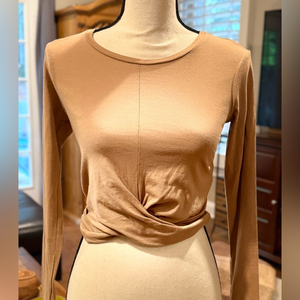 Zara Tan Long Sleeve Tie Front Blouse